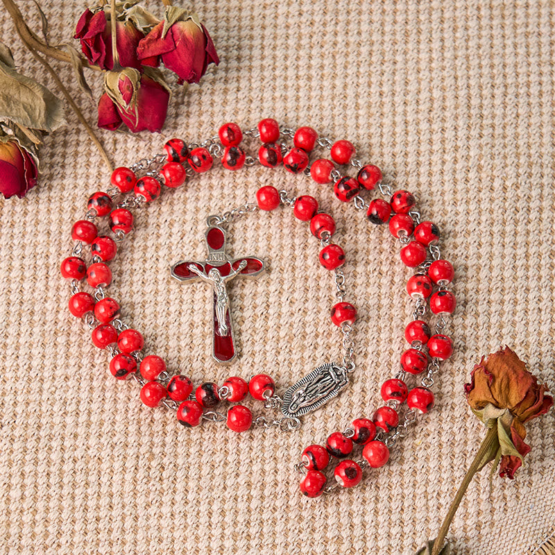 Christianartworkshop Our Lady of Guadalupe & Crucifix of 8 mm Round Red Ceramics Alloy Chain Rosary - image 1