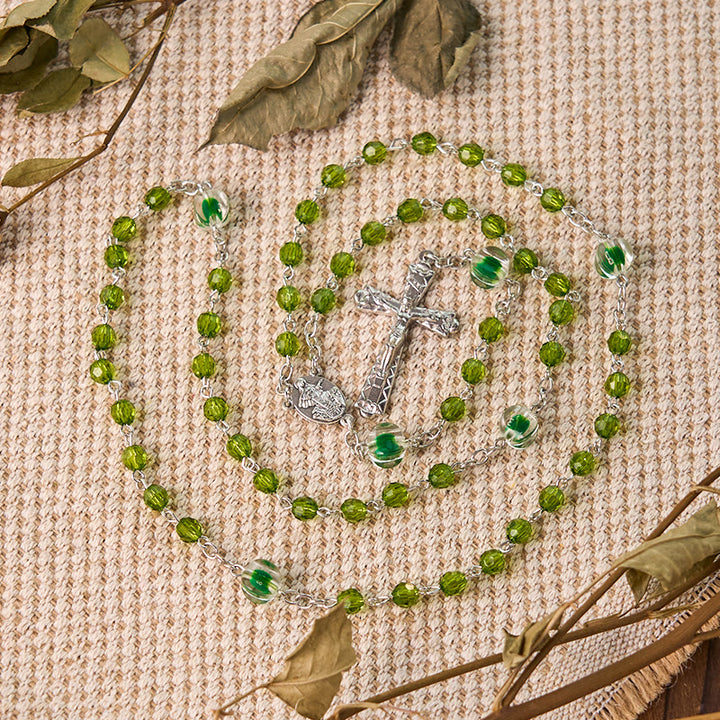 Christianartworkshop Assumption of Virgin Mary & Crucifix of 6 mm Polyhedron Green Crystal Alloy Chain Rosary - image 1