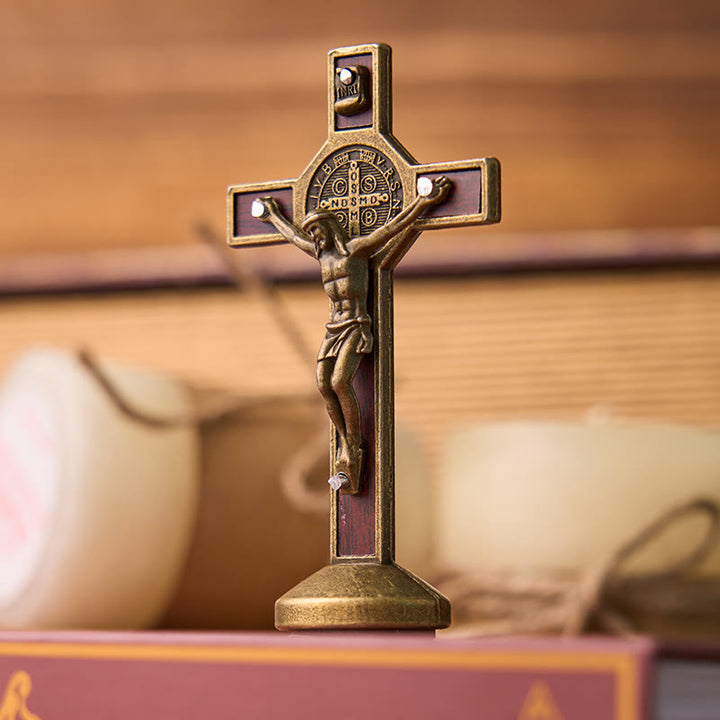 Christianartworkshop European Classical Traditional Wood Inlaid Alloy St. Benedict Cross Ornament - Bronze - image 0