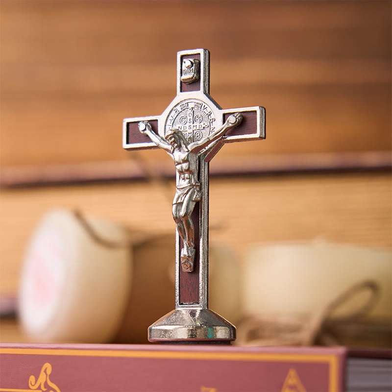 Christianartworkshop European Classical Traditional Wood Inlaid Alloy St. Benedict Cross Ornament - Silver(without hooks) - image 3