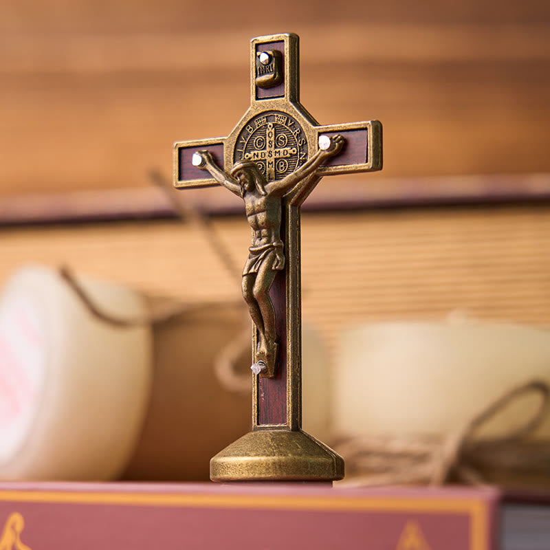 Christianartworkshop European Classical Traditional Wood Inlaid Alloy St. Benedict Cross Ornament - Bronze(without hooks) - image 0