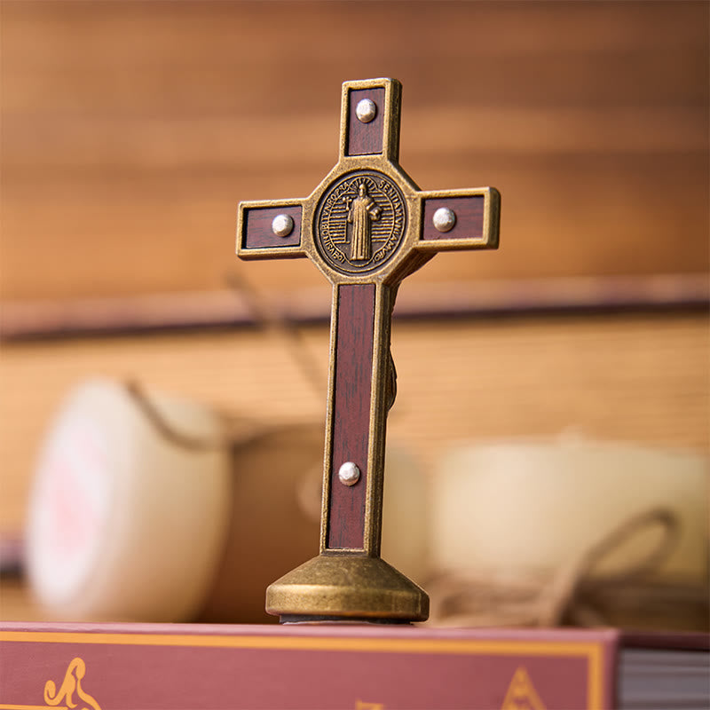 Christianartworkshop European Classical Traditional Wood Inlaid Alloy St. Benedict Cross Ornament - image 5