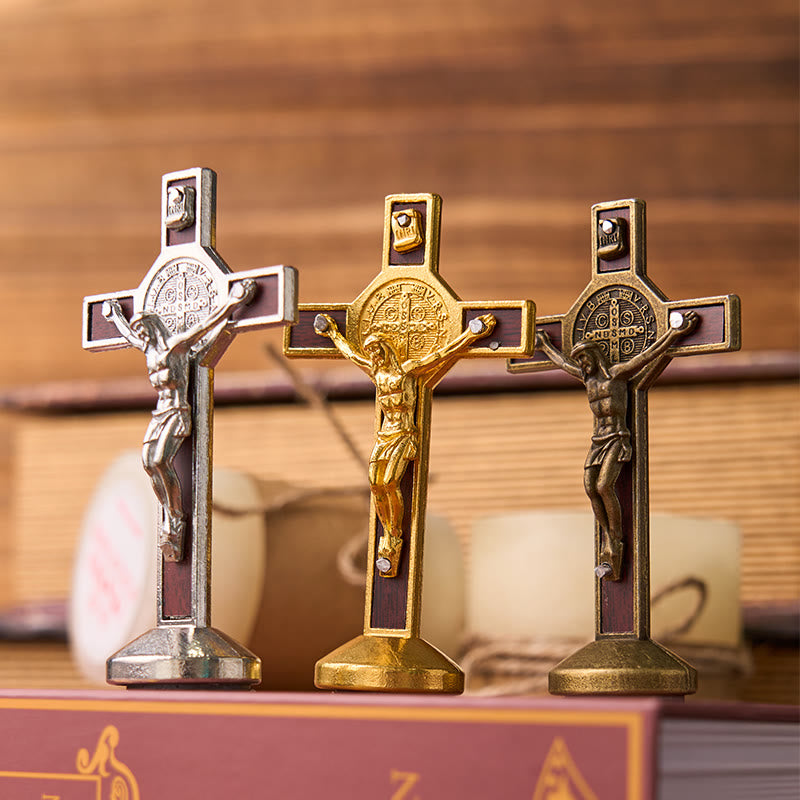 Christianartworkshop European Classical Traditional Wood Inlaid Alloy St. Benedict Cross Ornament - image 4