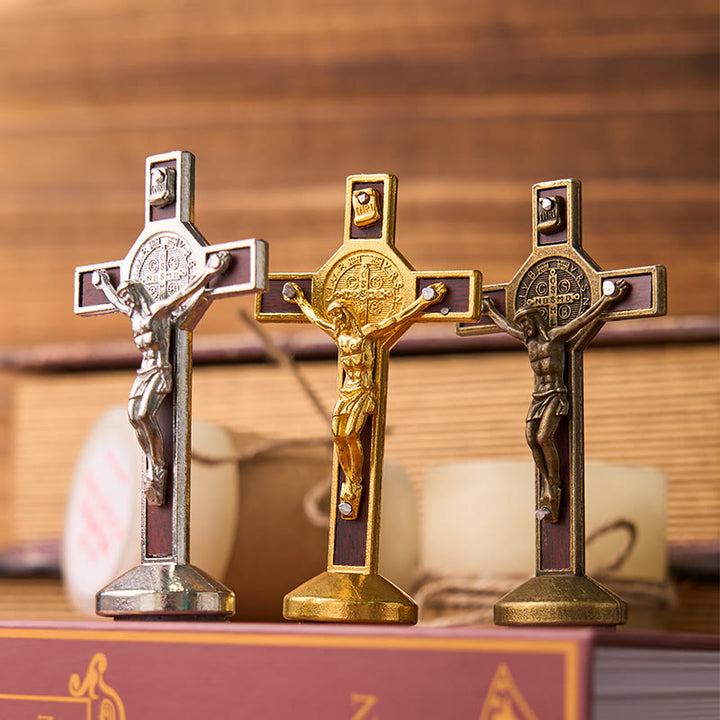 Christianartworkshop European Classical Traditional Wood Inlaid Alloy St. Benedict Cross Ornament - image 4