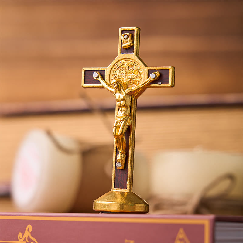 Christianartworkshop European Classical Traditional Wood Inlaid Alloy St. Benedict Cross Ornament - Golden(without hooks) - image 2