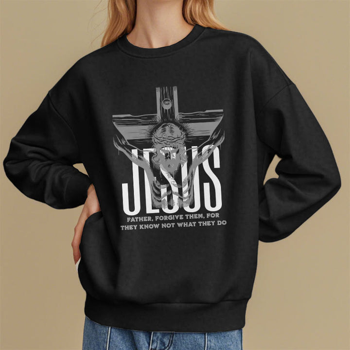 Christianartworkshop Classic Style Father Forgive Them Crucifix Fleece Lined Polyester Sweatshirt - image 1