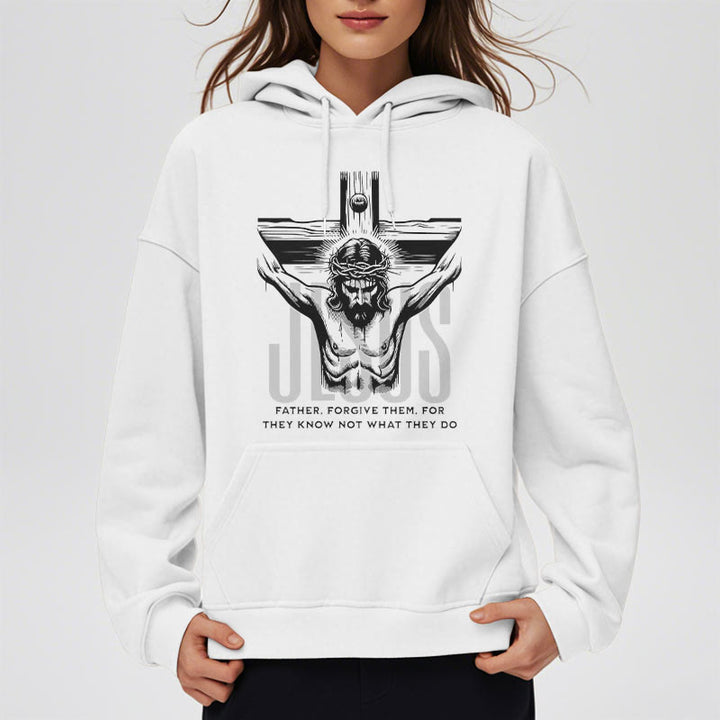 Christianartworkshop Classic Style Father Forgive Them Crucifix Fleece Lined Polyester Hoodie