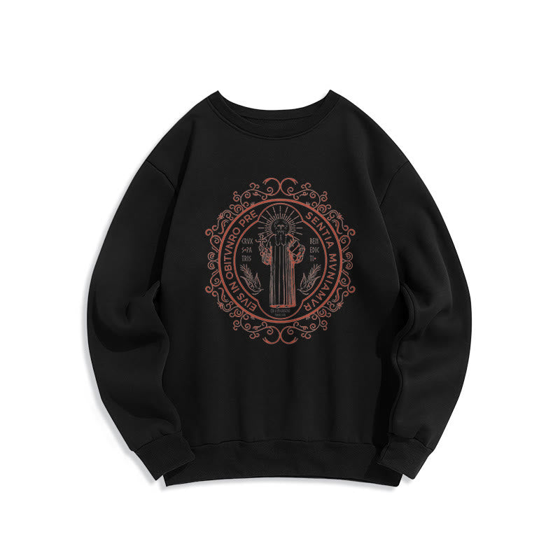 Christianartworkshop Classic Style Floral St. Benedict Embelm Fleece Lined Polyester Sweatshirt - Black - 2XL - image 0