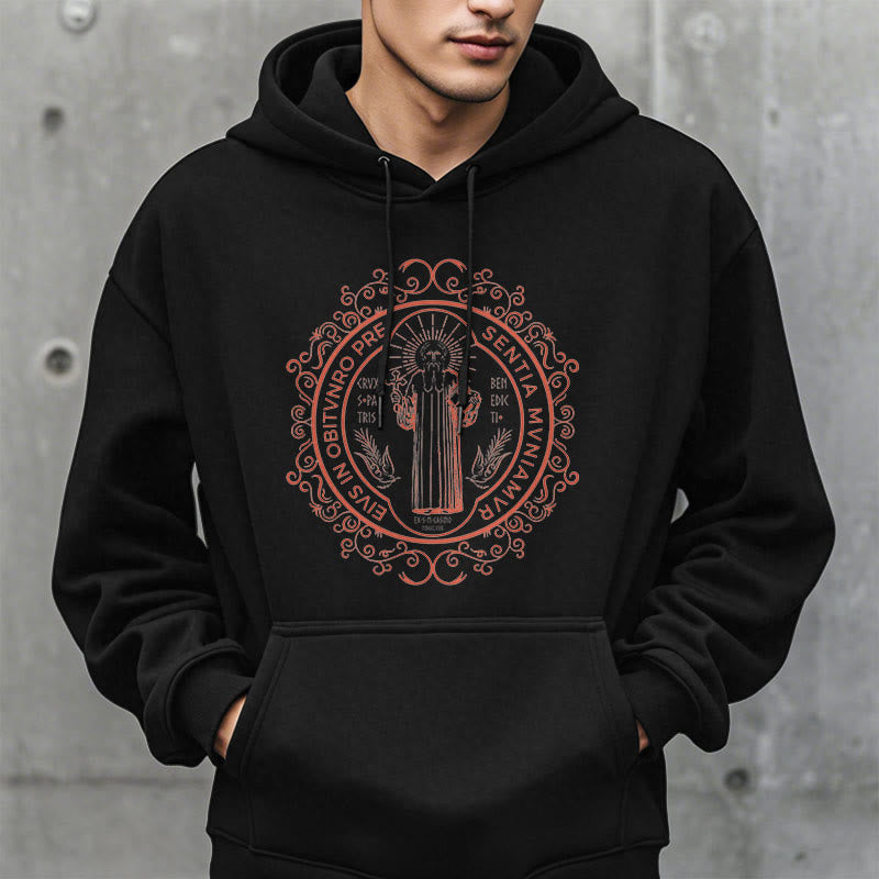 Christianartworkshop Classic Style Floral St. Benedict Embelm Fleece Lined Polyester Hoodie - image 1