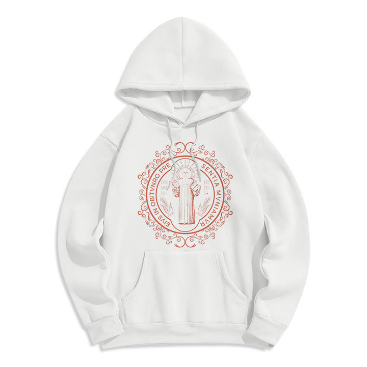 Christianartworkshop Classic Style Floral St. Benedict Embelm Fleece Lined Polyester Hoodie - White - 2XL - image 5