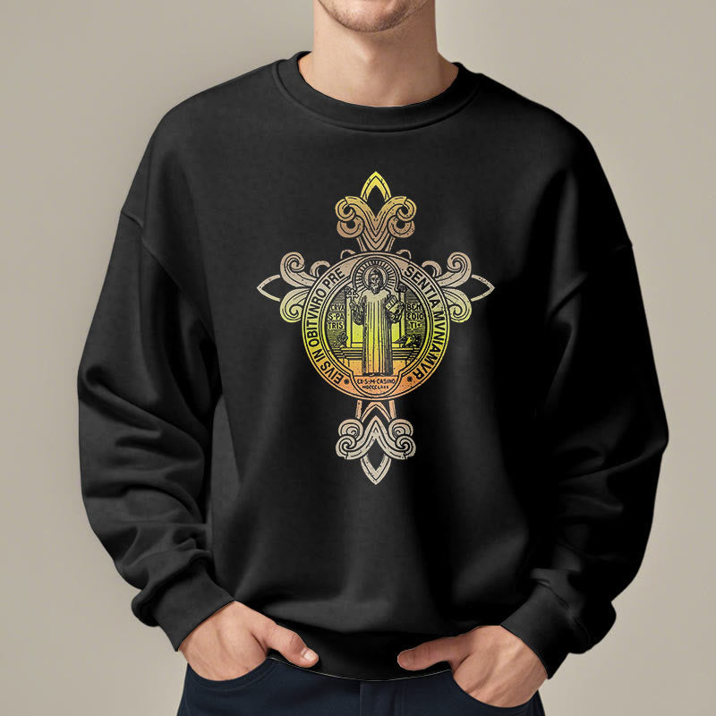 Christianartworkshop Colored Style St. Benedict Emblem Scrollwork Fleece Lined Polyester Sweatshirt - image 1