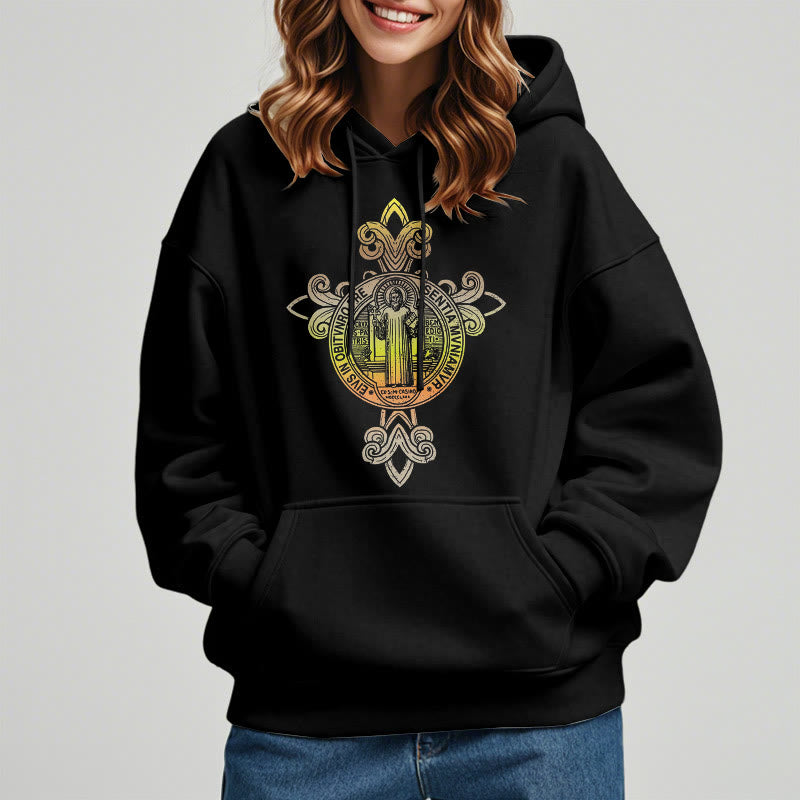 Christianartworkshop Colored Style St. Benedict Emblem Scrollwork Fleece Lined Polyester Hoodie - image 1
