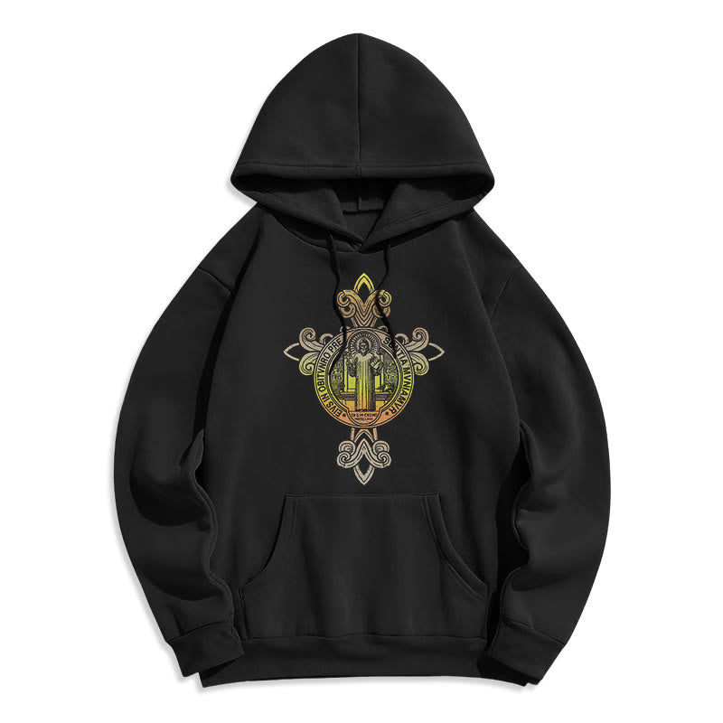 Christianartworkshop Colored Style St. Benedict Emblem Scrollwork Fleece Lined Polyester Hoodie - Black - 2XL - image 0