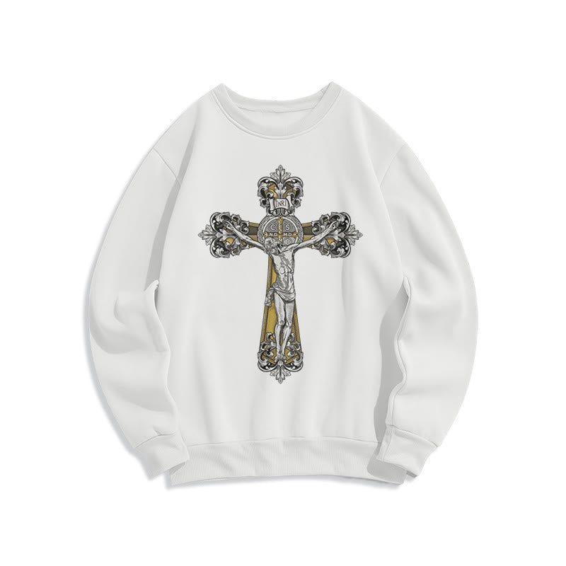 Christianartworkshop Classic Style St. Benedict Cruxifix Faith Fleece Lined Polyester Sweatshirt - White - 2XL - image 5