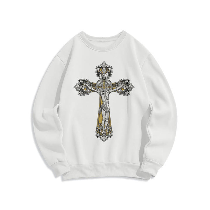 Christianartworkshop Classic Style St. Benedict Cruxifix Faith Fleece Lined Polyester Sweatshirt - White - 2XL - image 5