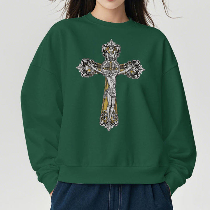 Christianartworkshop Classic Style St. Benedict Cruxifix Faith Fleece Lined Polyester Sweatshirt - image 23