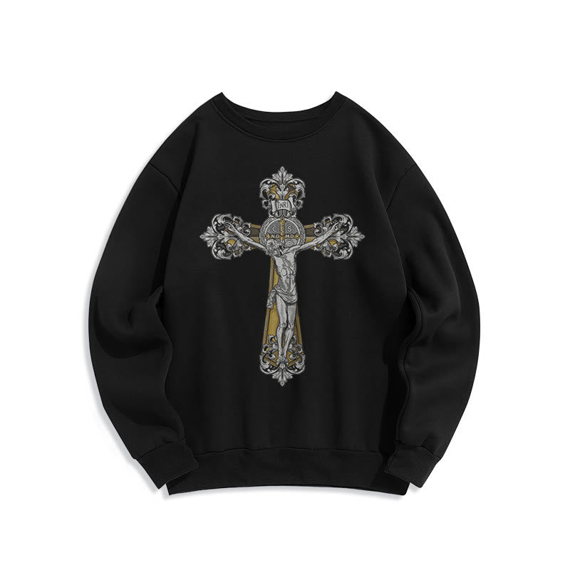 Christianartworkshop Classic Style St. Benedict Cruxifix Faith Fleece Lined Polyester Sweatshirt - Black - 2XL - image 0