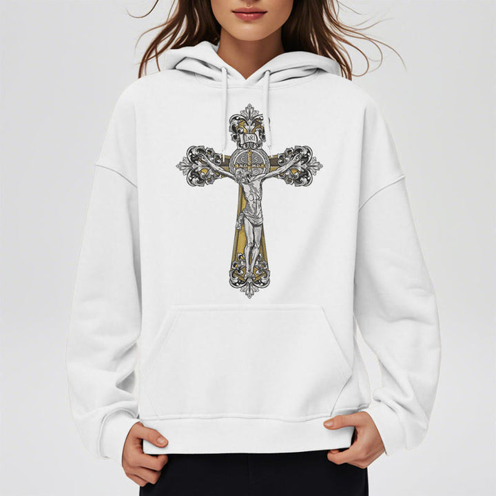 Christianartworkshop Classic Style St. Benedict Cruxifix Faith Fleece Lined Polyester Hoodie - image 7