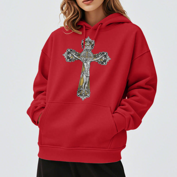 Christianartworkshop Classic Style St. Benedict Cruxifix Faith Fleece Lined Polyester Hoodie - image 37