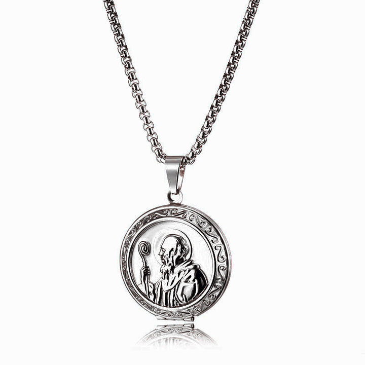 Christianartworkshop Classic Style St. Benedict Engraved Two Sided Locket Pendant Necklace - Silver - image 1