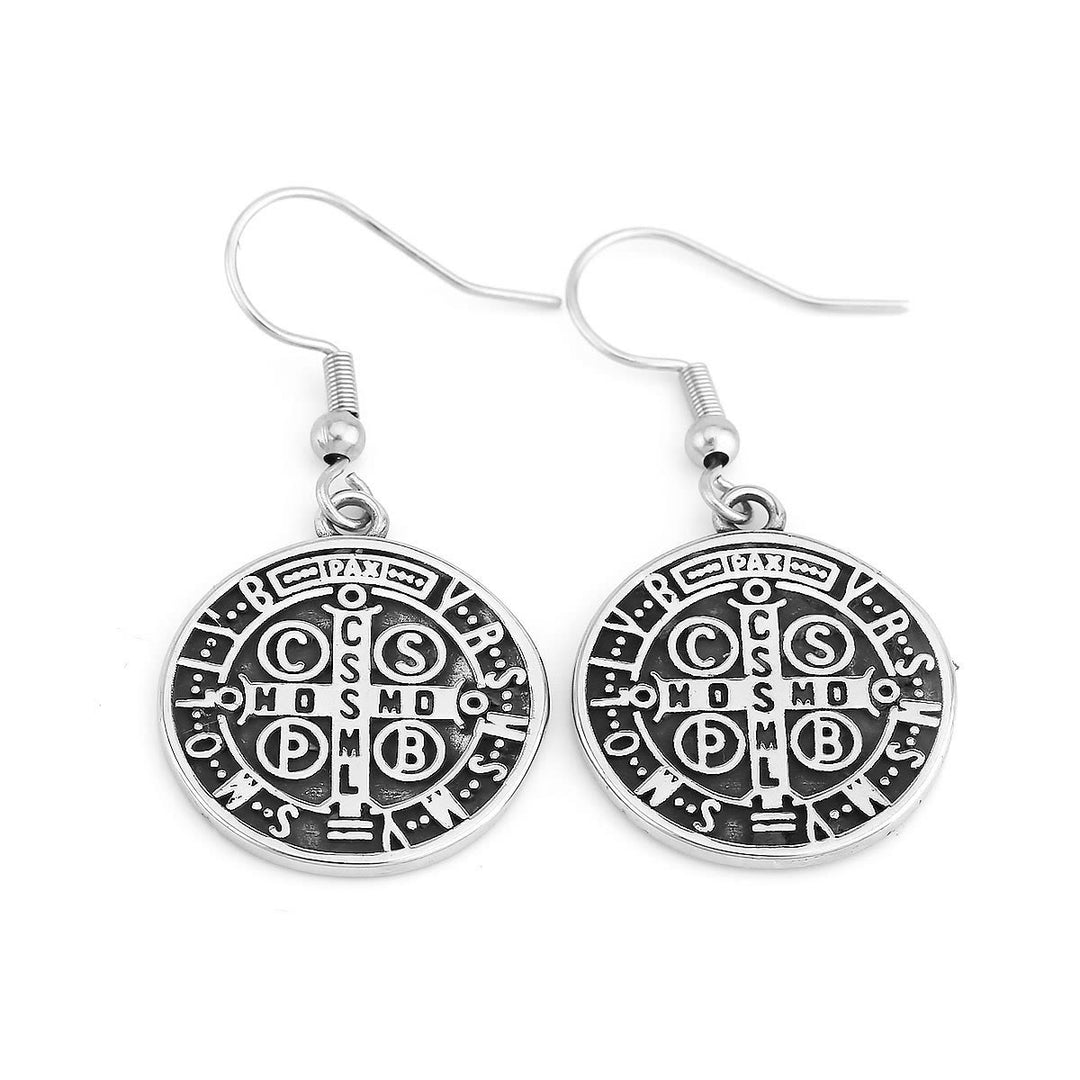 Christianartworkshop Classic Style St. Benedict Engraved Emblem Divine Protection Earrings
