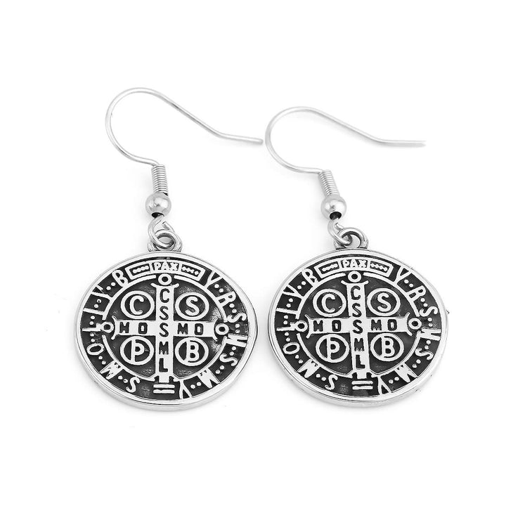 Christianartworkshop Classic Style St. Benedict Engraved Emblem Divine Protection Earrings