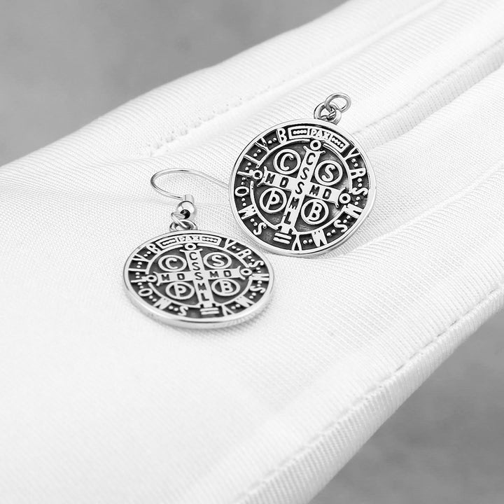 Christianartworkshop Classic Style St. Benedict Engraved Emblem Divine Protection Earrings