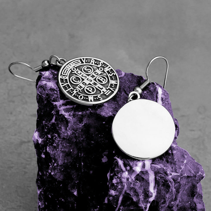 Christianartworkshop Classic Style St. Benedict Engraved Emblem Divine Protection Earrings