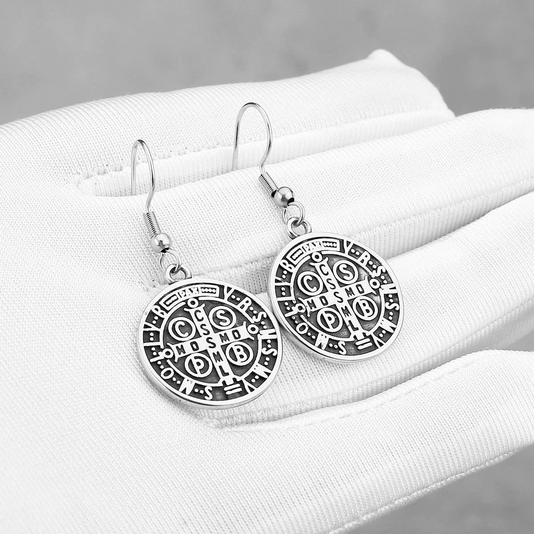 Christianartworkshop Classic Style St. Benedict Engraved Emblem Divine Protection Earrings