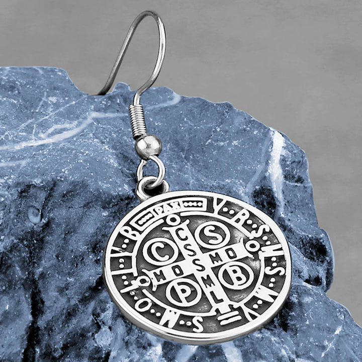 Christianartworkshop Classic Style St. Benedict Engraved Emblem Divine Protection Earrings