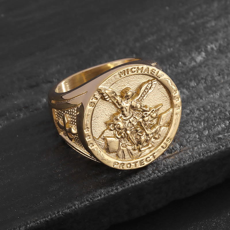 Christianartworkshop Classic Style Michael The Archangel Protect Us Devine Faith Ring - Gold - AU Size Z（US 13） - image 1