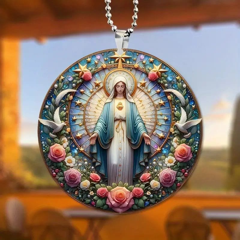 Christianartworkshop Colored Style Miraculous Medal Floral Wreath Christmas Hanging Ornaments - Ceramics - image 0