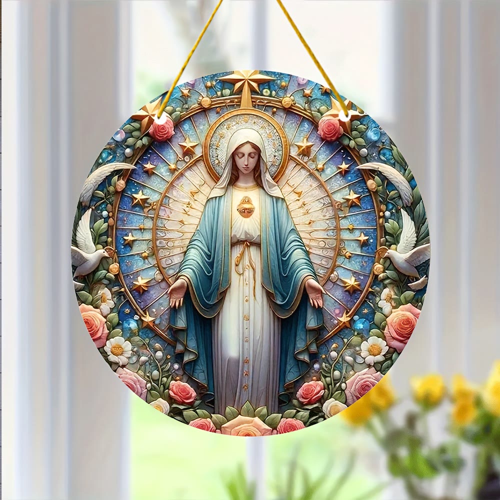 Christianartworkshop Colored Style Miraculous Medal Floral Wreath Christmas Hanging Ornaments - image 1