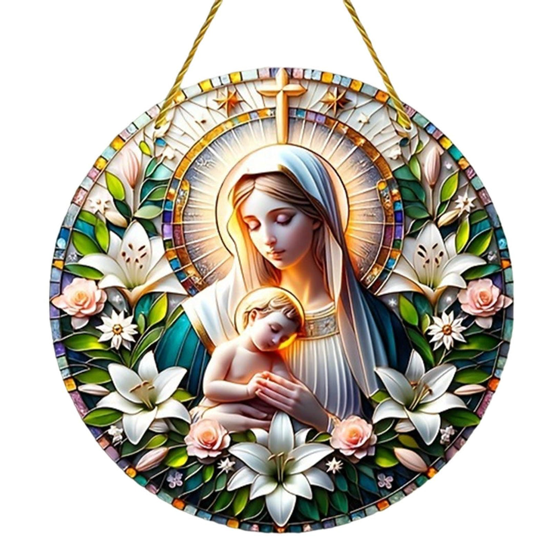 Christianartworkshop Realistic Style Virgin Mary Floral Wreath Star Christmas Hanging Ornaments - image 5