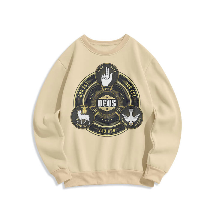 Christianartworkshop Classic Style Holy Trinity Deus Emblem Fleece Lined Polyester Sweatshirt - Beige - 2XL - image 10