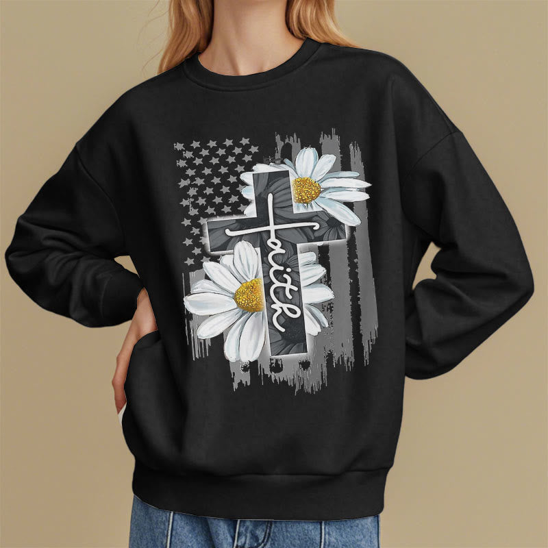 Christianartworkshop Modern Style Faith Cross and Daisies Fleece Lined Polyester Sweatshirt - image 7