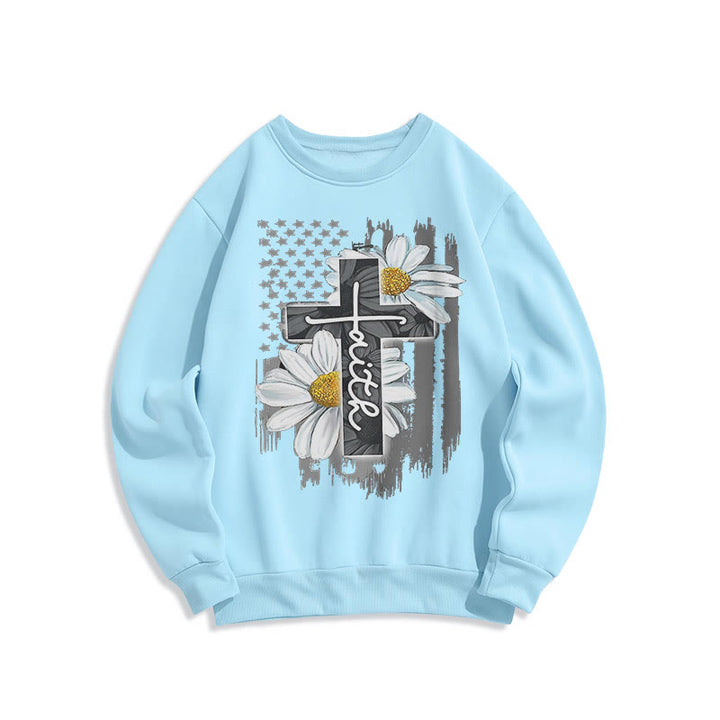 Christianartworkshop Modern Style Faith Cross and Daisies Fleece Lined Polyester Sweatshirt - Blue - 2XL - image 0