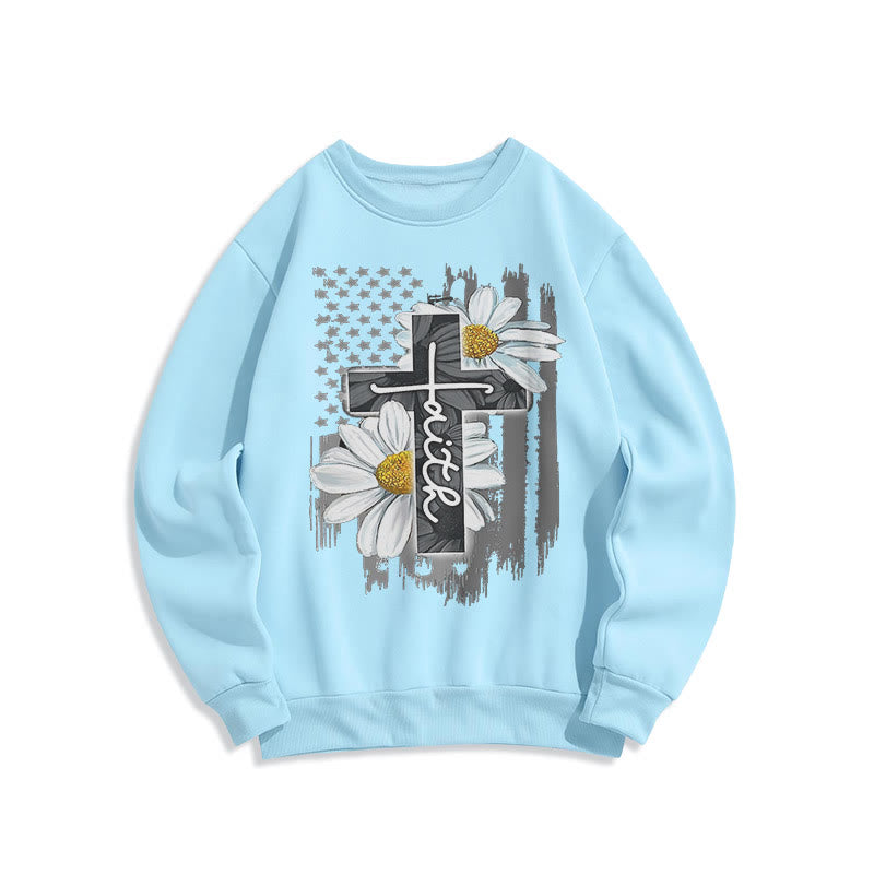 Christianartworkshop Modern Style Faith Cross and Daisies Fleece Lined Polyester Sweatshirt - Blue - 2XL - image 0