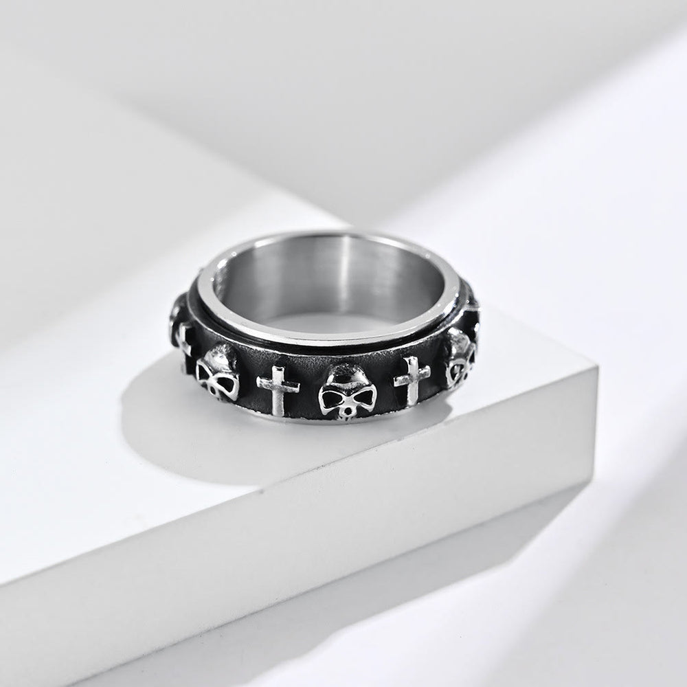 Christianartworkshop Modern Style Skull Cross Spinner Titanium Steel Ring - Retro Silver - AU Size Z（US 13） - image 1