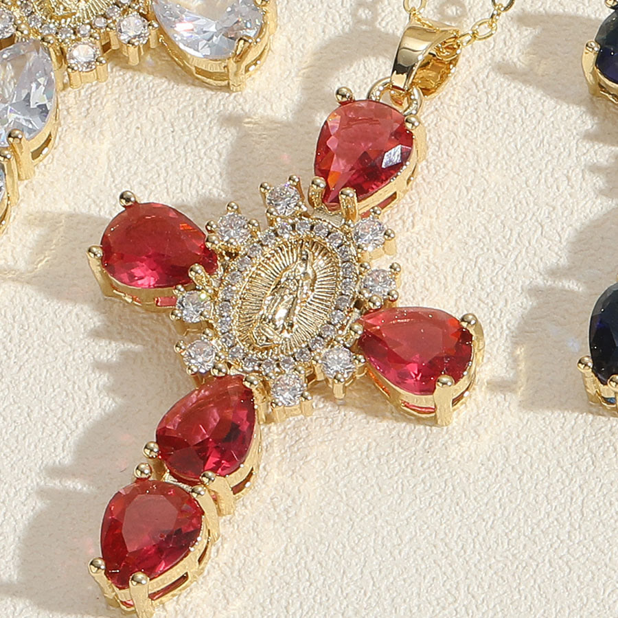 Christianartworkshop Modern Style Our Lady of Guadalupe Cross Zircon Pendants Necklace - Red - image 3