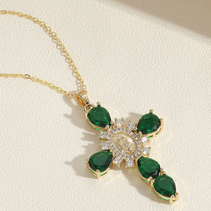Christianartworkshop Modern Style Our Lady of Guadalupe Cross Zircon Pendants Necklace - Green - image 4