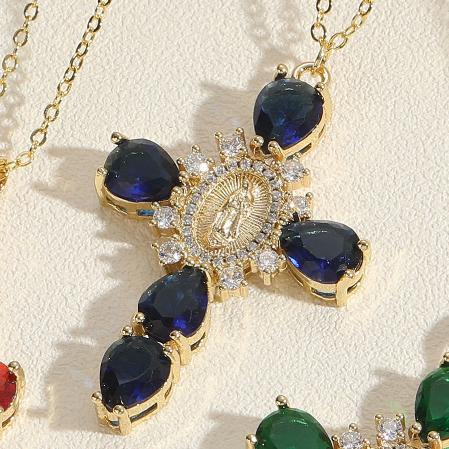 Christianartworkshop Modern Style Our Lady of Guadalupe Cross Zircon Pendants Necklace - Blue - image 2