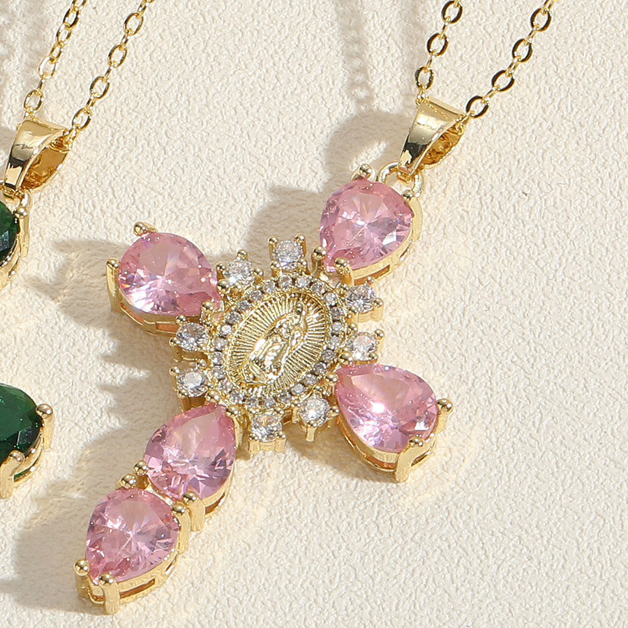Christianartworkshop Modern Style Our Lady of Guadalupe Cross Zircon Pendants Necklace - Pink - image 1