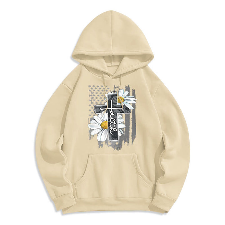 Christianartworkshop Modern Style Faith Cross and Daisies Fleece Lined Polyester Hoodie - Beige - 2XL - image 10