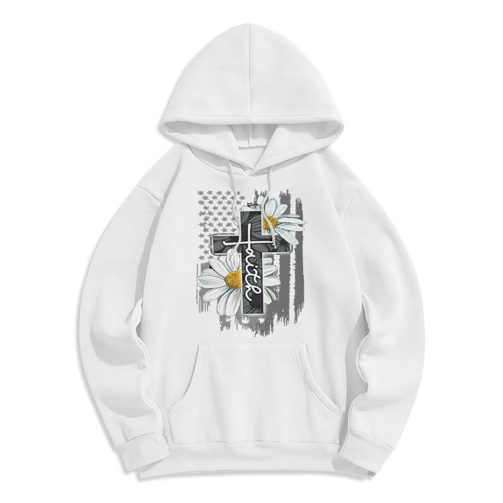 Christianartworkshop Modern Style Faith Cross and Daisies Fleece Lined Polyester Hoodie - White - 2XL - image 5