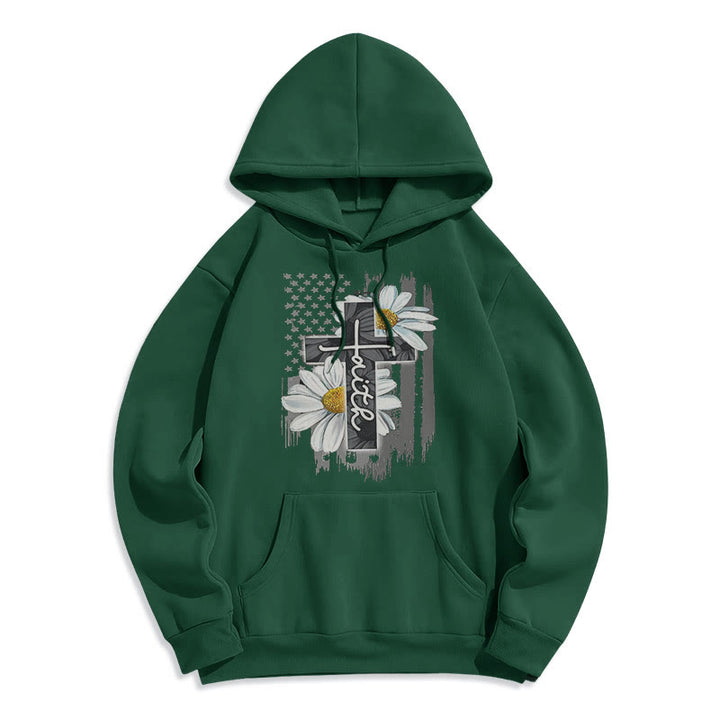 Christianartworkshop Modern Style Faith Cross and Daisies Fleece Lined Polyester Hoodie - Green - 2XL - image 20
