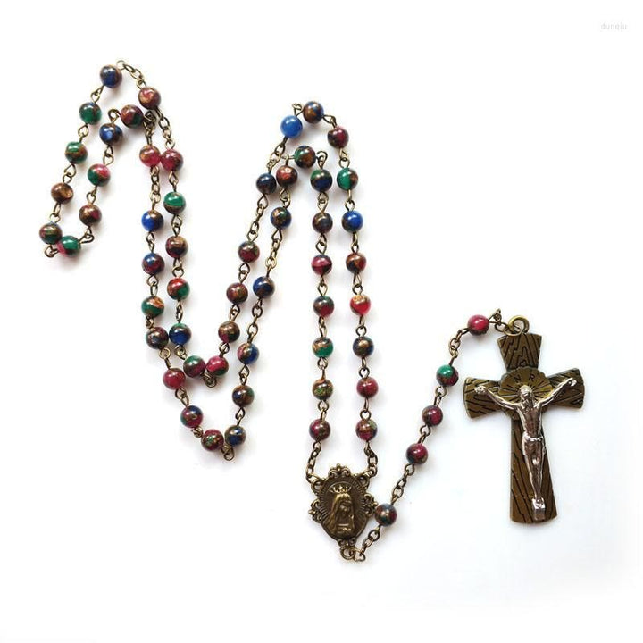 Christianartworkshop Virgin Mary & Crucifix of 6 mm Round Multicolor Stone Alloy Chain Rosary - image 4