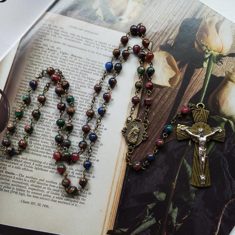 Christianartworkshop Virgin Mary & Crucifix of 6 mm Round Multicolor Stone Alloy Chain Rosary - image 2