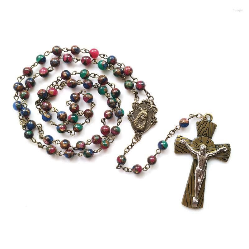 Christianartworkshop Virgin Mary & Crucifix of 6 mm Round Multicolor Stone Alloy Chain Rosary - Virgin Mary & Crucifix - image 0