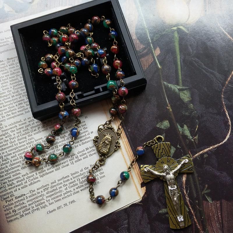 Christianartworkshop Virgin Mary & Crucifix of 6 mm Round Multicolor Stone Alloy Chain Rosary - image 1